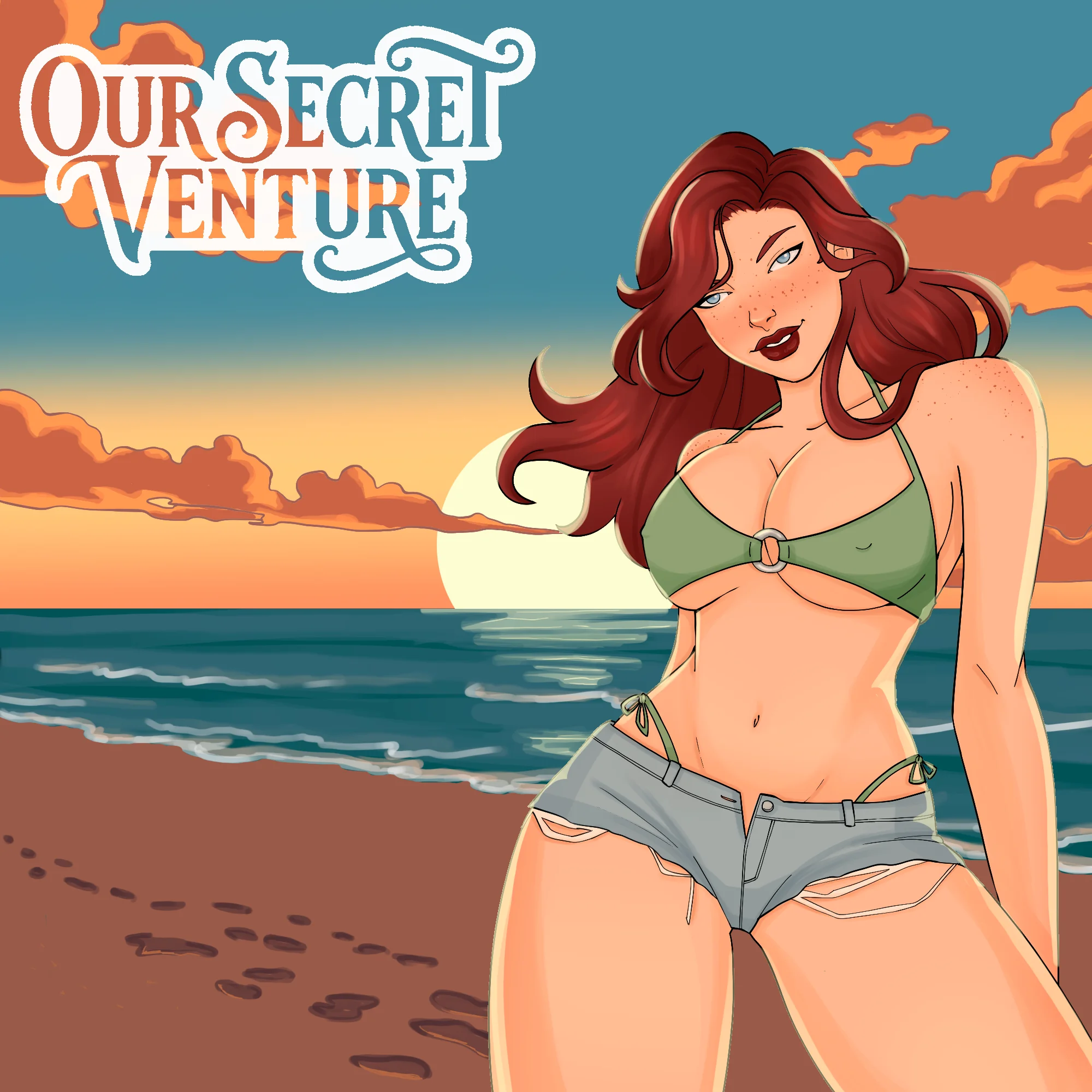 Our Secret Venture cover art: a red-haired woman in a bikini on a beach at sunset